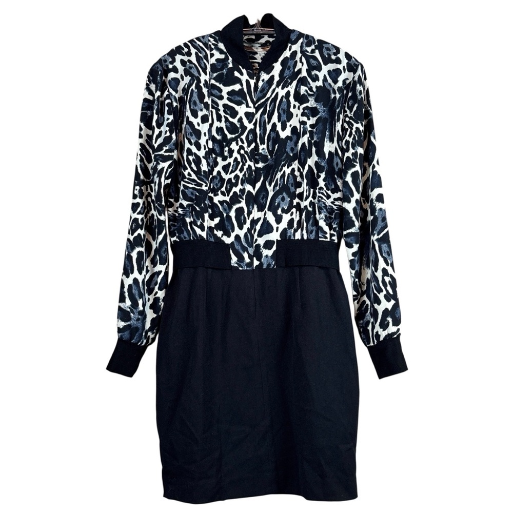 New Black Halo Gabe Leopard Print Zip Bodycon Cocktail Mini Dress Blue Size 0